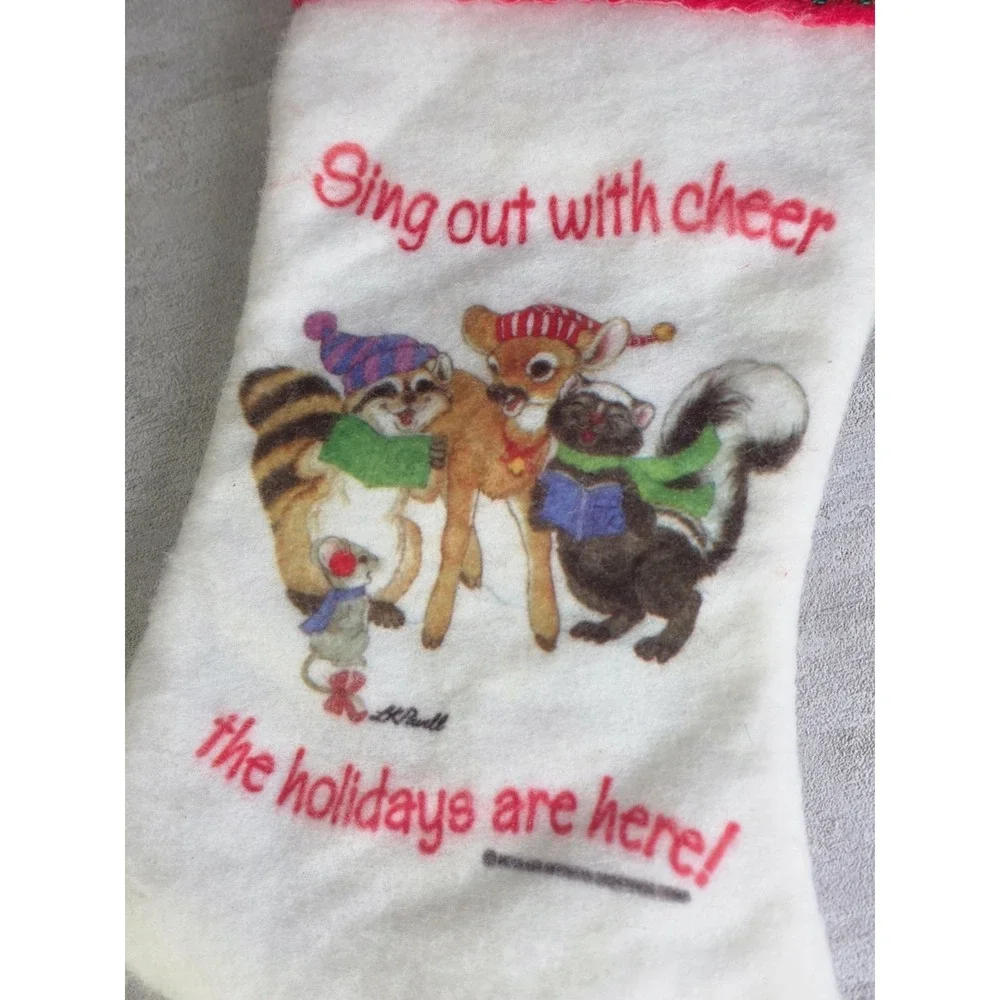 VTG White Red Felt Christmas Stocking Sing out with cheer the holidays are Here!